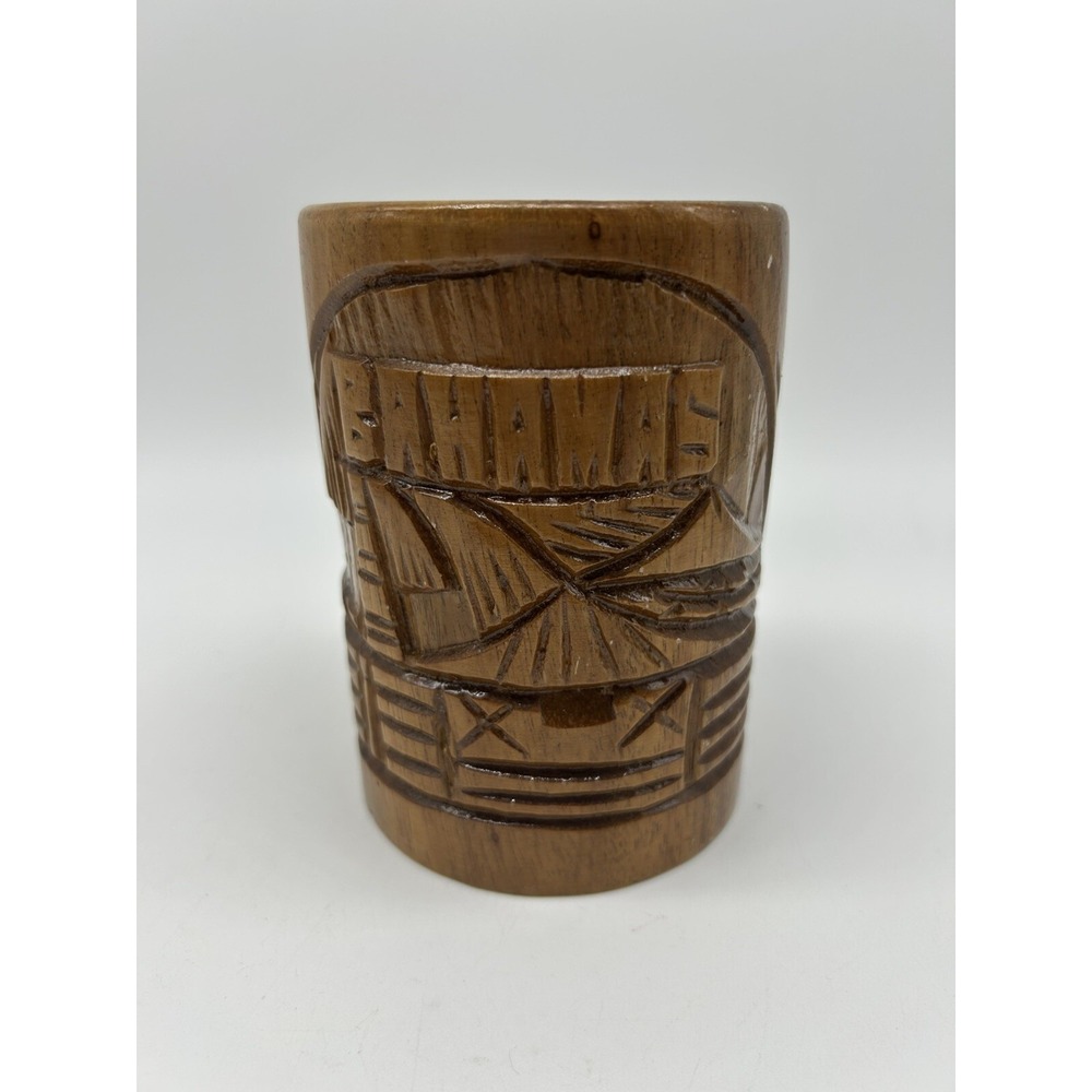 TIKI Mug Hand-Carved Primitive Wood Bahamas Tiki Bar Party Decor Rustic Stein